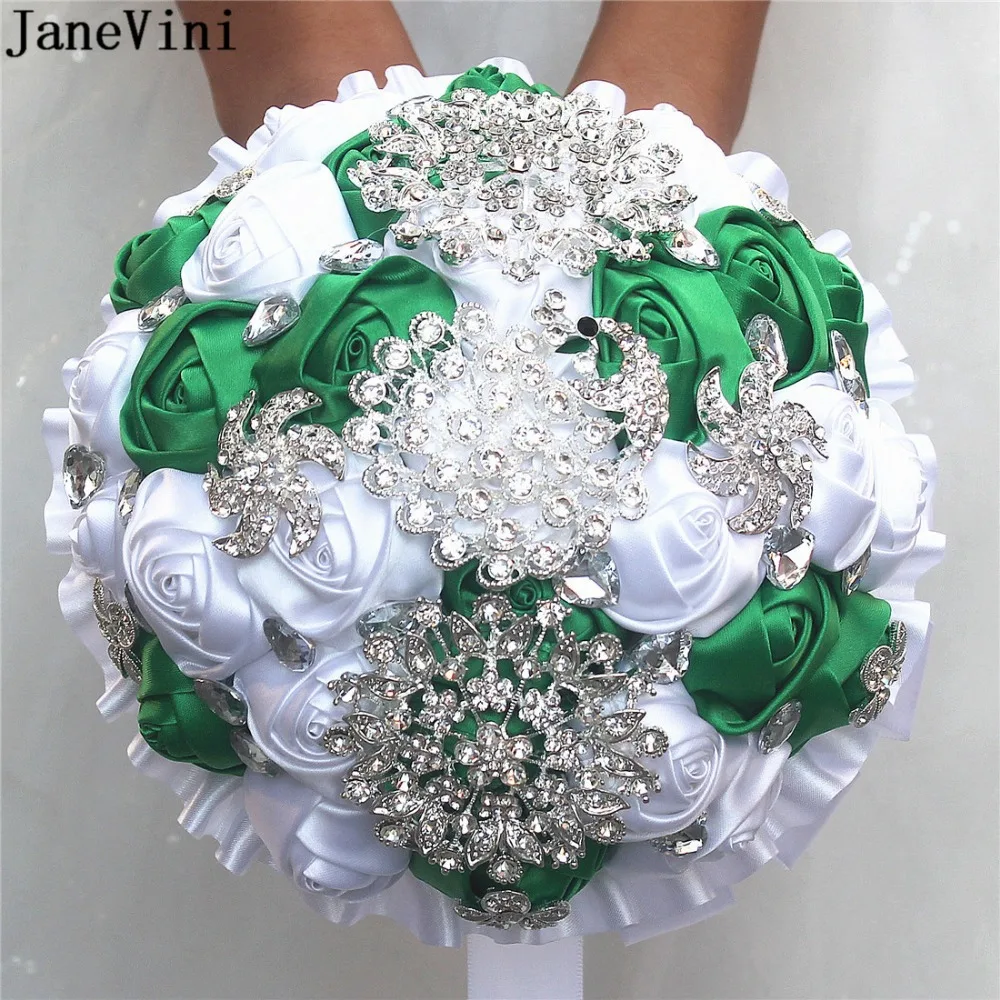 

JaneVini Vintage Bridal Bouquets Artificial Satin Rose 24 CM Wedding Bouquet Rhinestone Green White Satin Ribbon Ramos De Novia