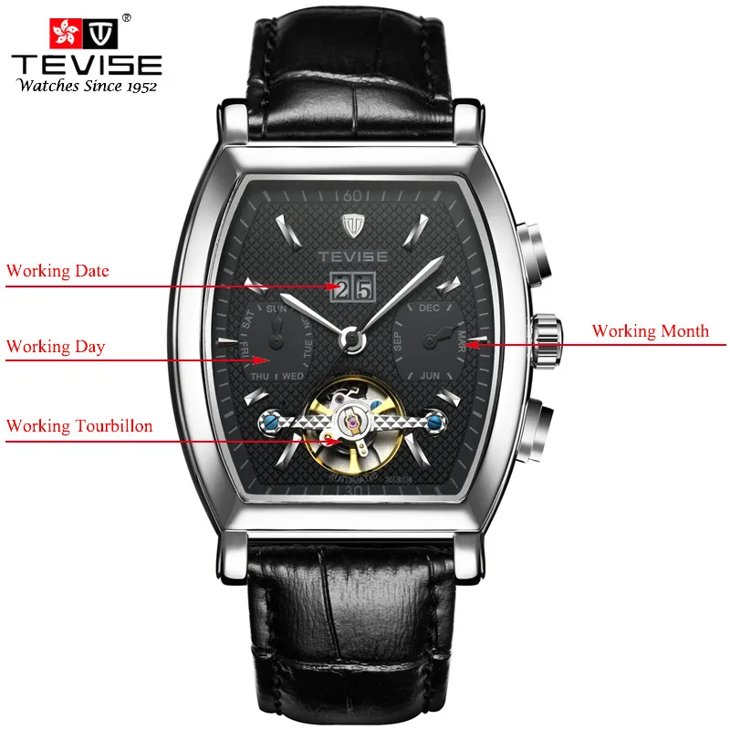 TEVISE Мужские автоматические часы Tonneau с циферблатом стимпанк Tourbillon часы Механические самовздувающиеся кожаные Наручные часы с календарем 8383B - Цвет: black silver