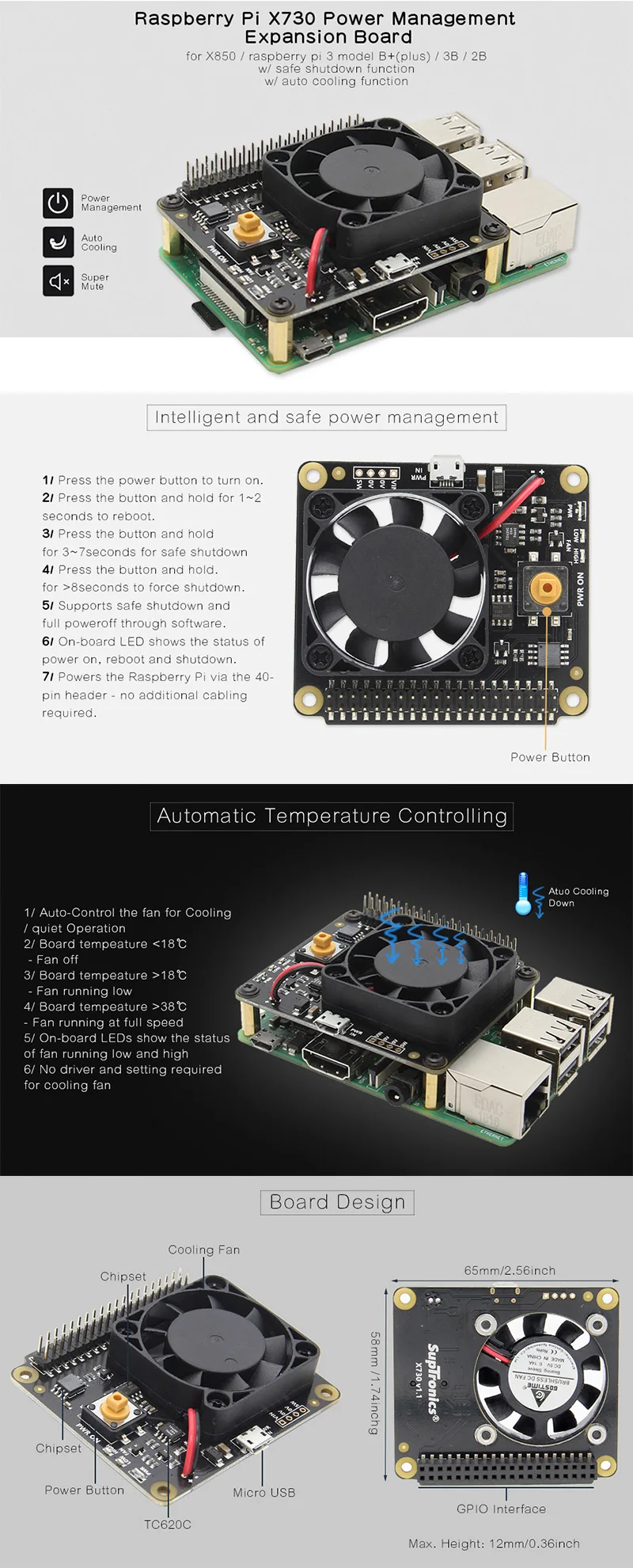 Raspberry Pi X730 управление питанием с безопасным выключением и функцией автоматического охлаждения Плата расширения для Raspberry Pi 3B+(plus)/3B