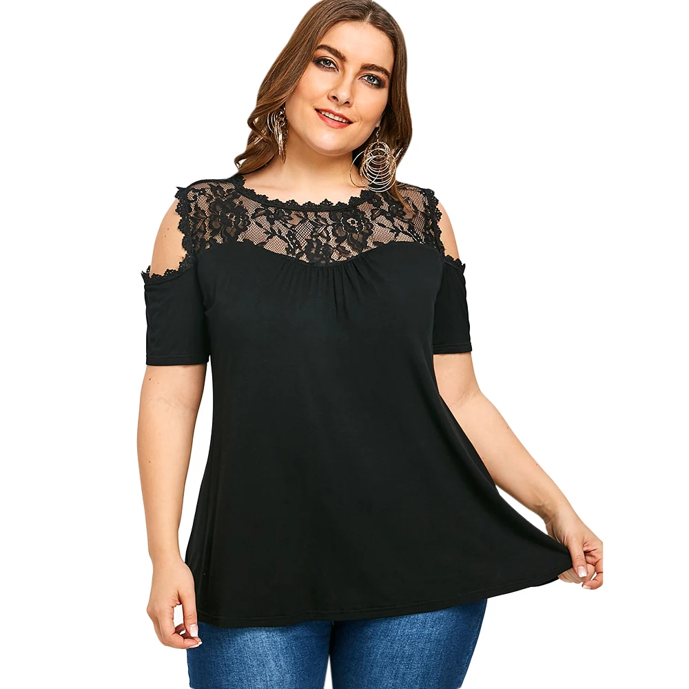 Half Sleeve Cold Shoulder Lace Panel Blouse