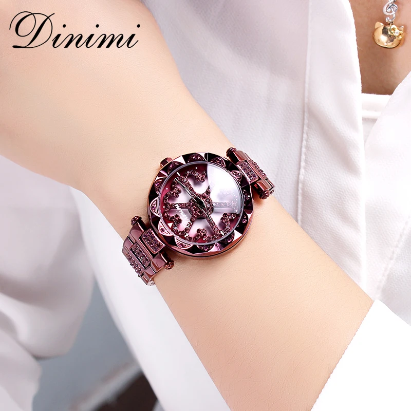 Dimini модные роскошные женские часы дамские часы с бриллиантами кварцевые наручные часы из нержавеющей стали золотые женские часы дропшиппинг подарки - Цвет: Purple Heart Dial