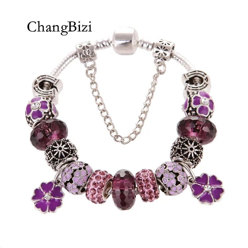 

European Style Silver Flower Pendant Purple Crystal Fashion DIY Elegant Charms Pandora Bracelets & Bangles For Women Gift