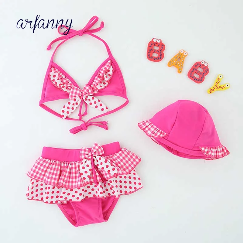 

Girls split swimsuit baby rose red plaid 3 bikini swimming suit 1-6Y children's hot spring clothes