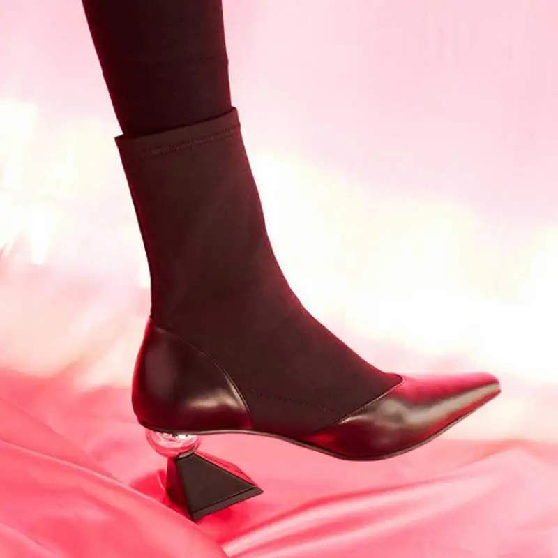

Stretch Cloth Leather Patchwork Mid Calf Women Boots Strange Heels Fashion Design Slim Sock Booties High Heels Mix Color Pumps