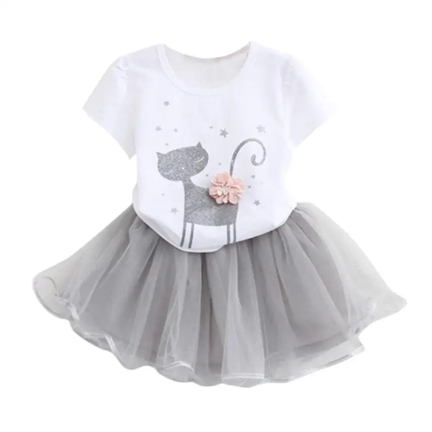 

Children Clothing Summer Kids Girls Fashion Cartoon Little Kitten Printed Shirt Dress Clothes Set White Girls Clothes