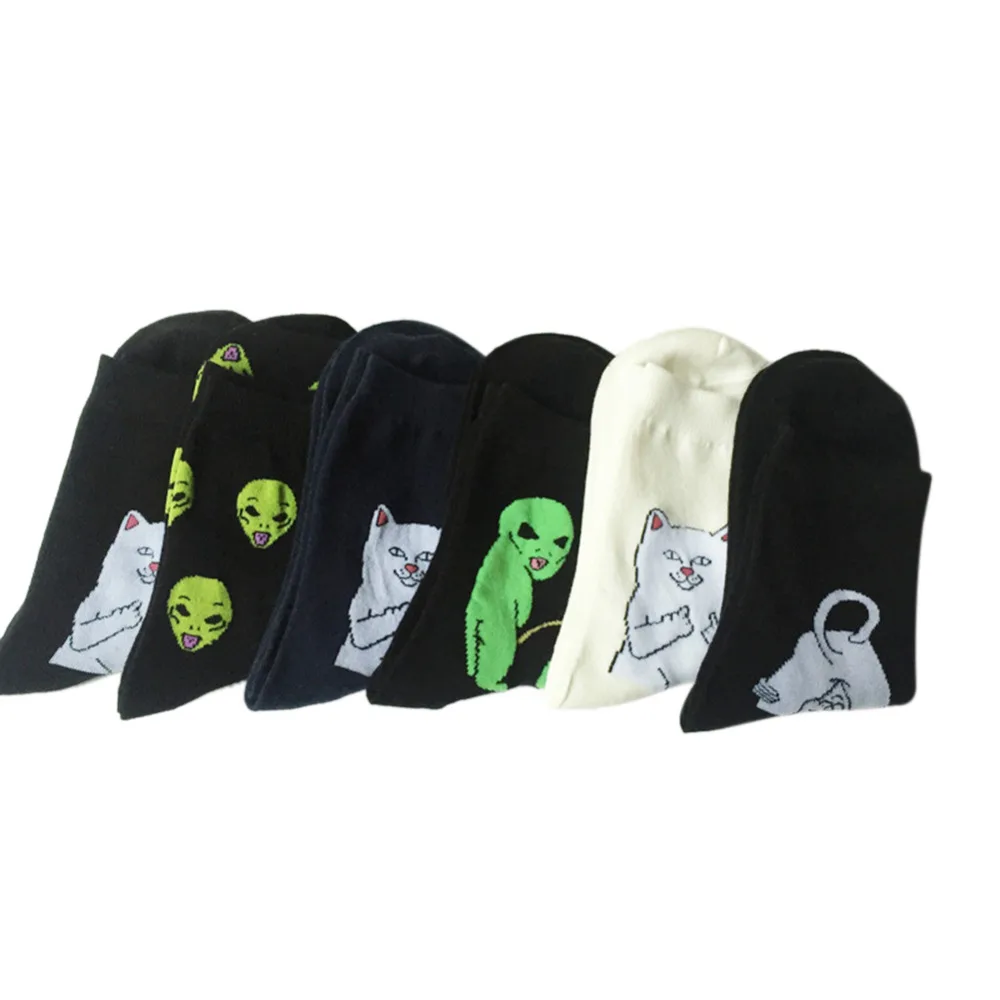 New Women Men Unisex Cute Cotton Sock Lord Alien Cat ET Printing Black White Casual Character Socks EU38-46,US 6.5-12