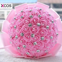 Розовые Свадебные цветы Свадебные букеты хрустальные бусины, жемчужины бант шелковые ленты невесты букет высокого качества