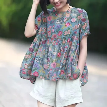 

Literary and recreational lotus leaf T-shirt with thin floral pattern