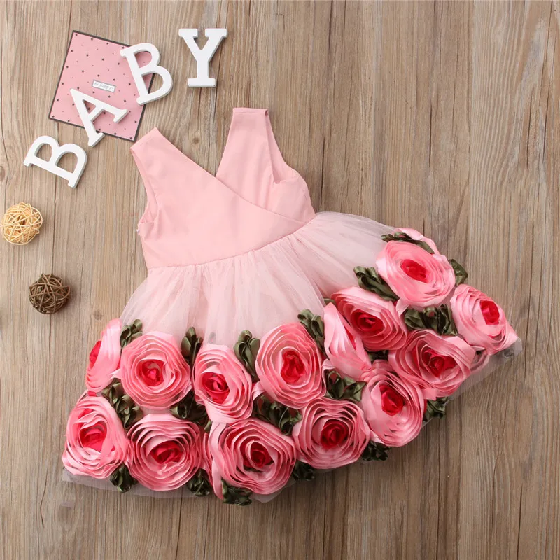 

Toddler Baby Kids Girls clothes Flower print V-neck sleeveless Tulle Bow Casual cotton backless Summer Mini Dresses one pieces