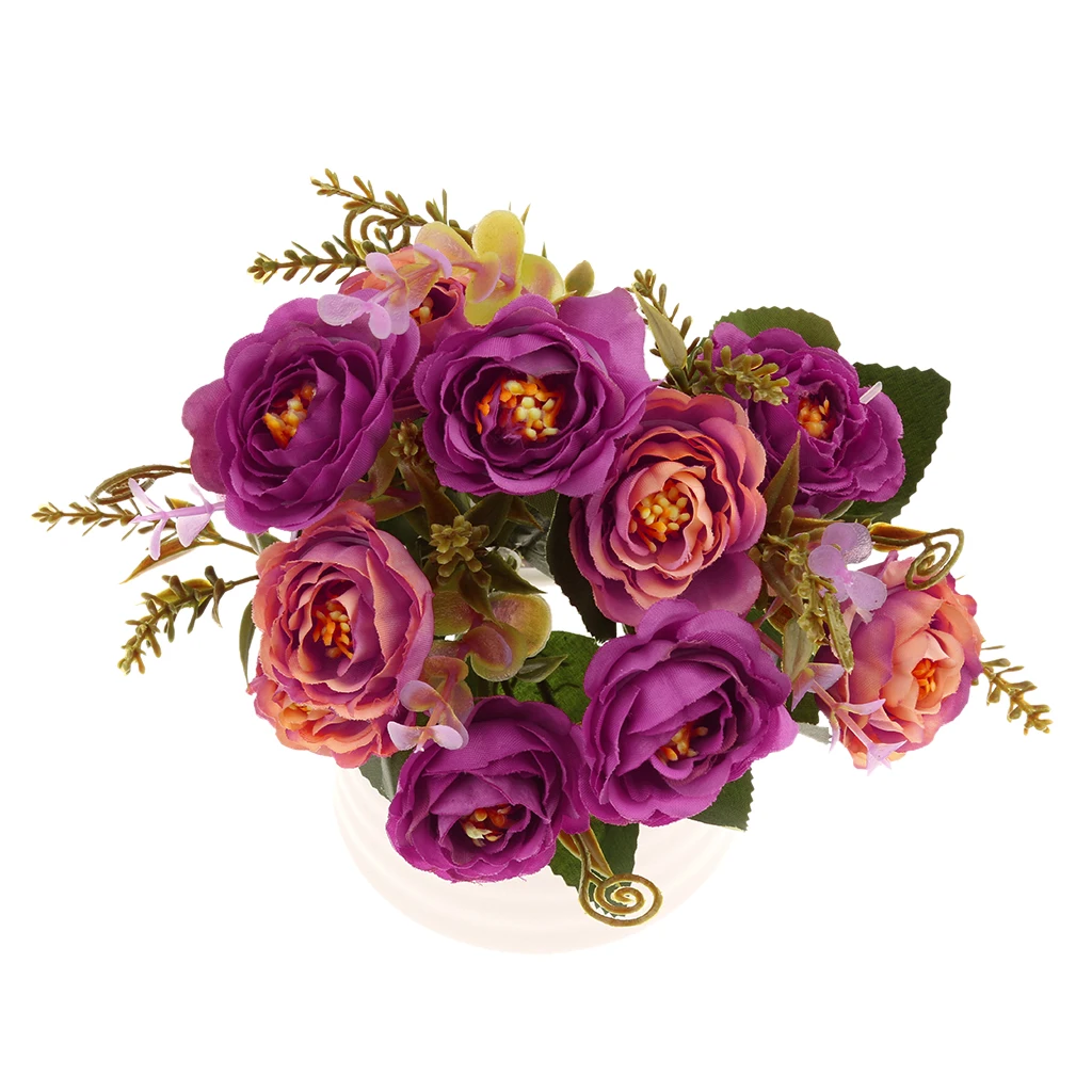 2 Bunches Artificial Roses Silk Flowers Home Garden DIY Decor-Purplish Red