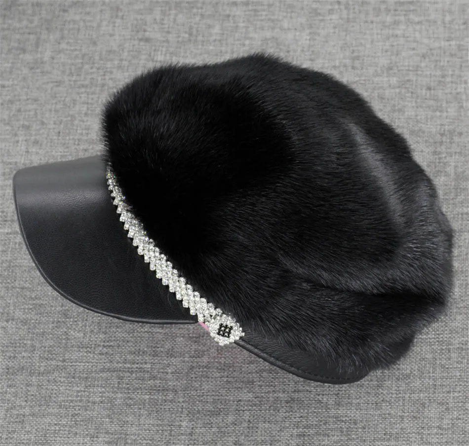 Новая женская модная шапка из натурального меха норки и овечьей кожи - Цвет: Black