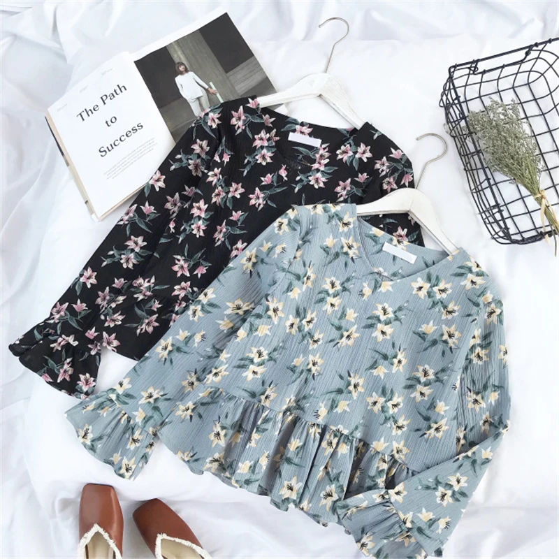 2018 Autumn Women Blue Ruffles Chiffon Blouses Sexy