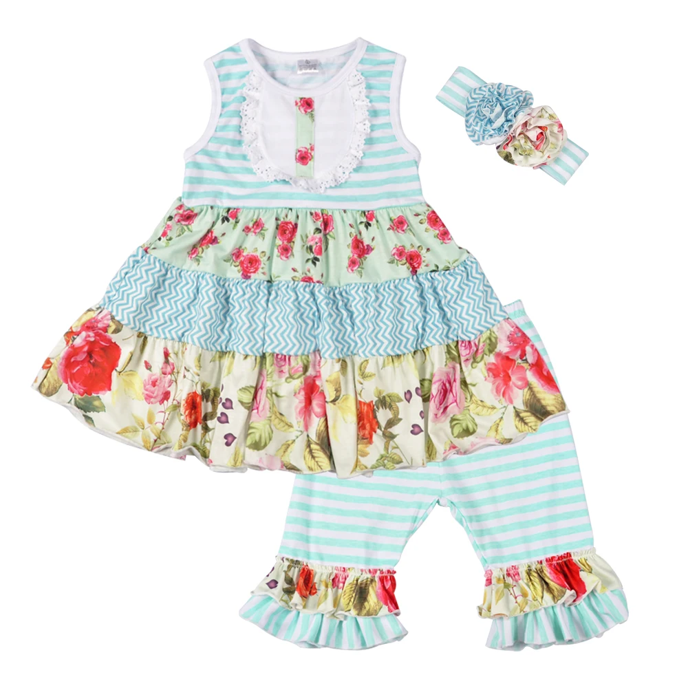 

Children Clothes Sets Floral Decoration Splice Sleeveless Dress Stripe Capris Fashion Clothing With Headband 2GK801-097