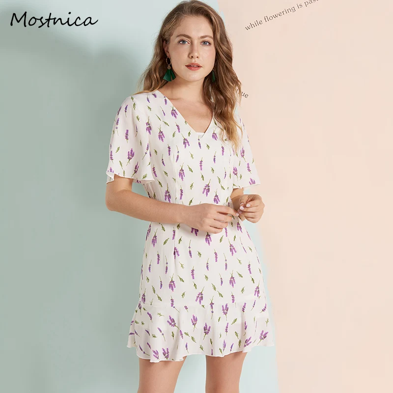 

Mostnica Summer Wheat Printed Gauzy Chiffon Dress for Women Pastoralism Flare Sleeves V Neck Mori Girl Mini Dress Lady Clothes
