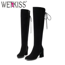 WETKISS/ г.; женская обувь из флока; женские сапоги до колена; черные весенние сапоги из флока; женская обувь на молнии с перекрестной шнуровкой на толстом высоком каблуке