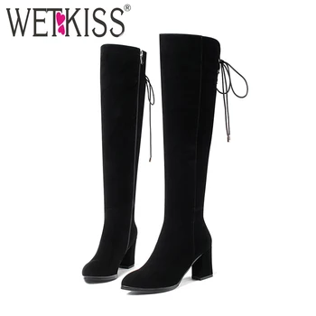 

WETKISS 2018 Shoes Woman Flock Knee Boots for Women Black Flock Spring Boots Female Zipper Cross tied Thick High Heels