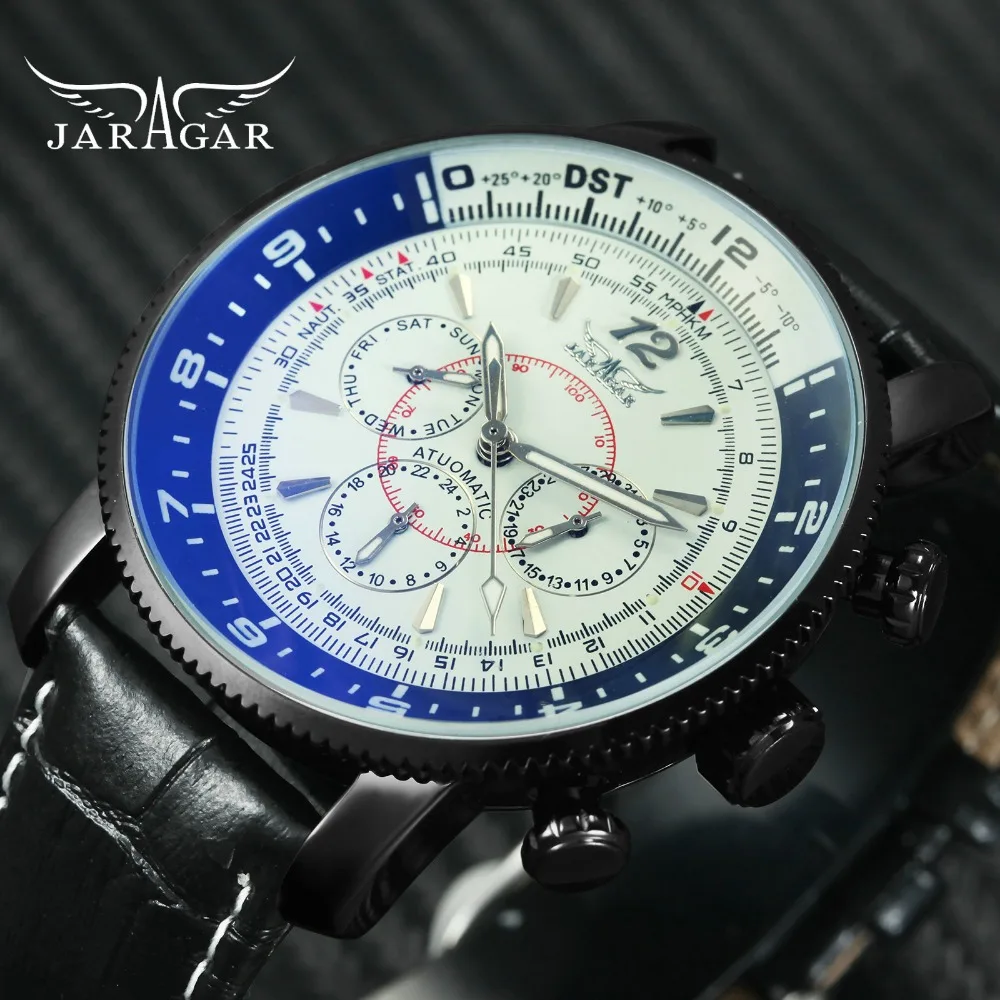 

JARAGAR Top Brand Luxury Dress Auto Mechanical Watch Men Leather Strap Blue Mirror Case 3 Dials Multifunction Fashion Wristwatch