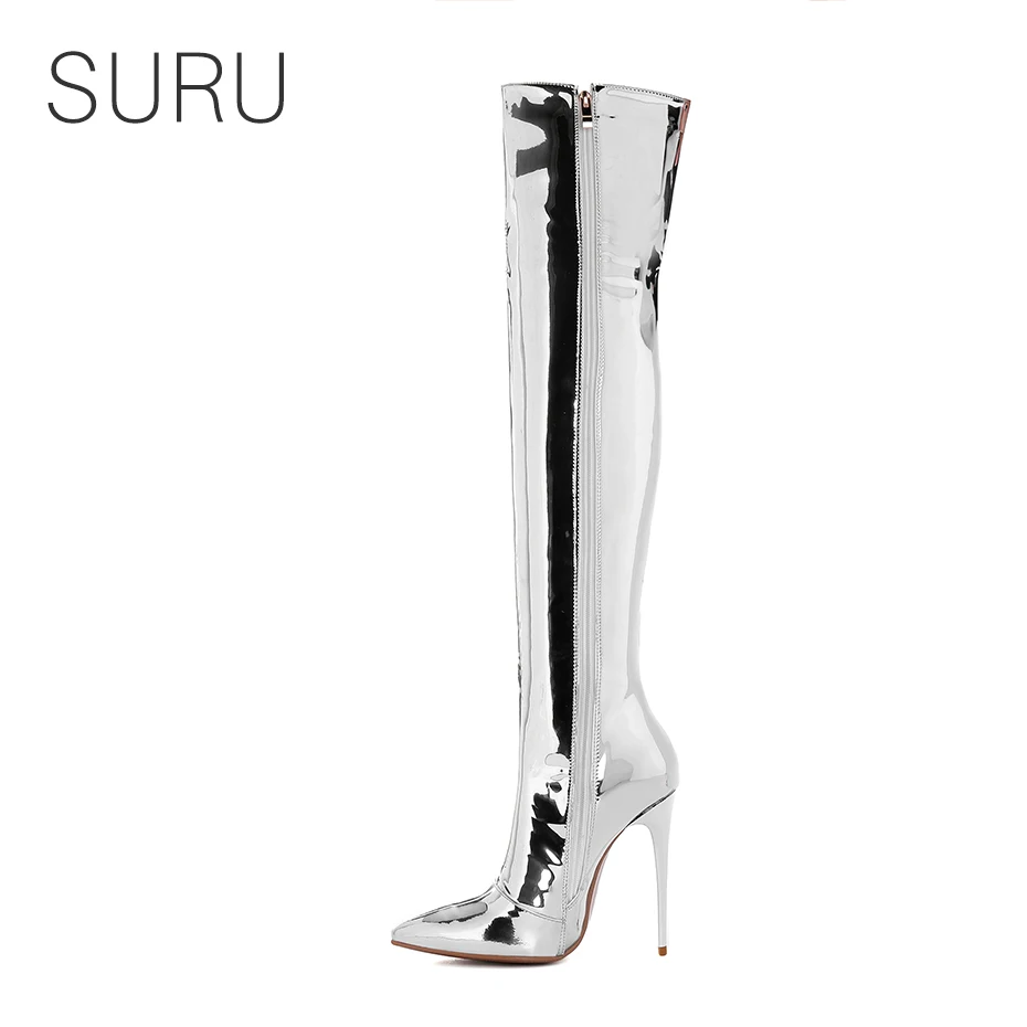 

SURU 5 Inches Stilettos Shining Silver Side Thigh Boots Women Pointed Toe Over The Knee High Long Boots Plus Size US 10 11 9