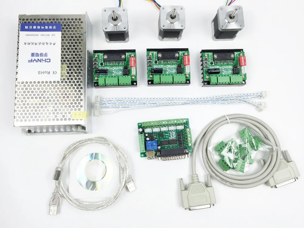 

CNC Router mach3 3 Axis Kit, 3pcs TB6560 driver + 5 axis stepper motor controller + 3pcs nema17 1.8A motor + 24V power supply