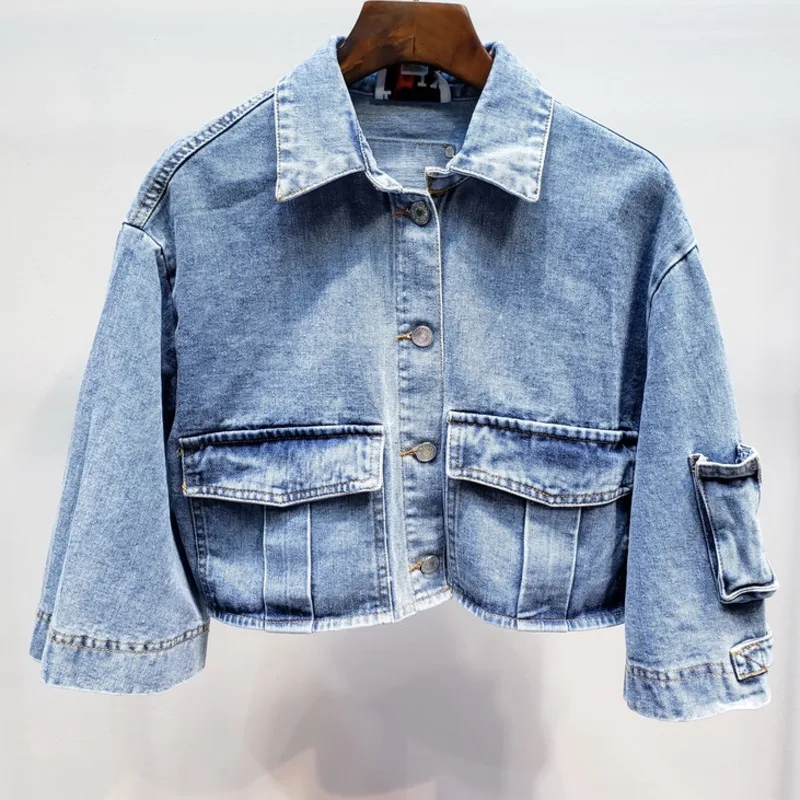 

LANMREM 2019 Autumn New Casual Fashion Women Loose Solid Color Ultra Short Five-point Sleeves After Split Denim Jacket TC672