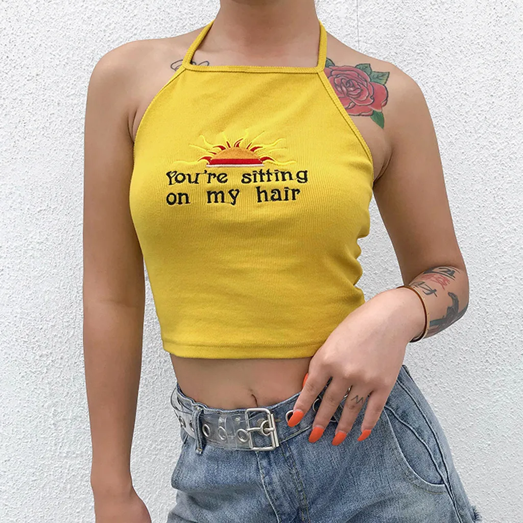 Feitong/женские топики Dames модные Camisetas Tirantes Mujer Verano летняя блузка на бретелях без рукавов с буквенным принтом топик без спинки Топы