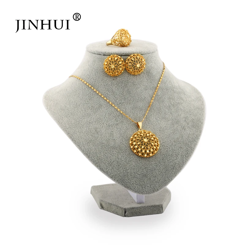 

Jin Hui African Fashion gold color jewelry sets women best gifts Party wedding Necklace and Earrings ring sets 45cm Pendant Gift