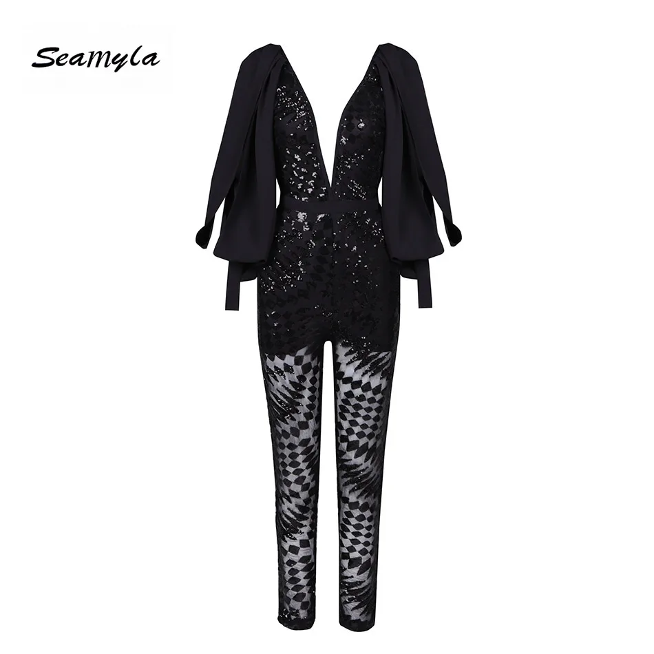 

Seamyla 2019 Elegant Runway Jumpsuits Women New Fashion Sleeveless Celebrity Party Jumpsuit Red Black Long Sequined Bodysuits