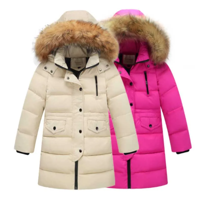 

3-9T Kids Clothes Fur Hooded Baby Girl Down Coats Soild Color Winter Wear White Duck Down Lining Boys Clothing Outerwear&Coats