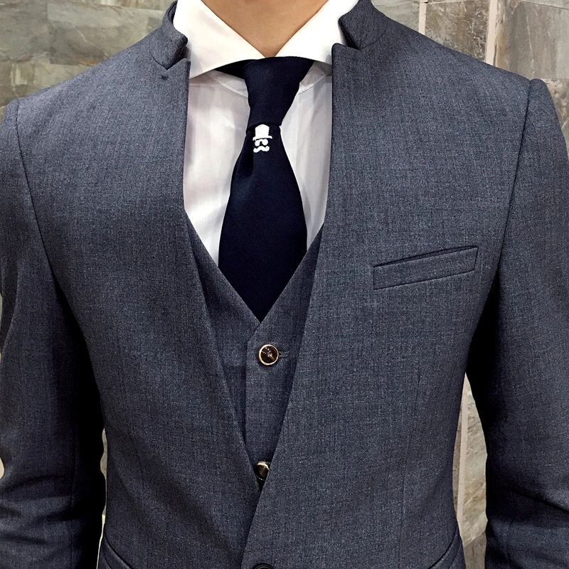 Cena Szary stojak kołnierz Slim Fit mężczyzna garnitur Slim Fit Custom Made kostium Homme garnitury mężczyźni formalne Grooming Ternos 3 sztuk garnitury zestaw