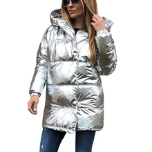 Winter Jacket Women silver fabric Hooded thick Outerwear Bright metallic color warm parkas