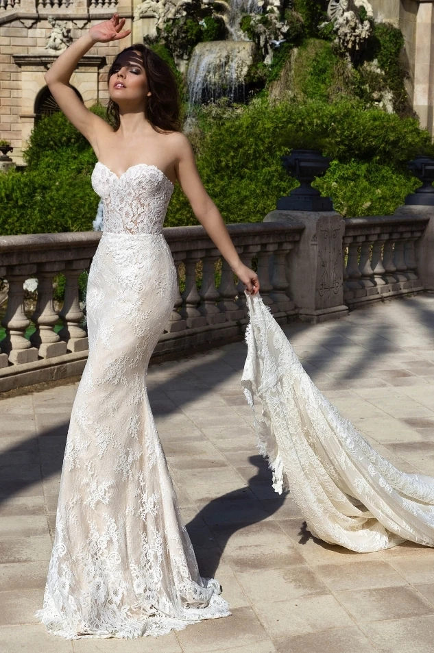 

Romantic Lace Wedding Dresses Robe de mariage Sweetheart Mermaid Bridal Dress with Detachable Train Wedding Gown 2019