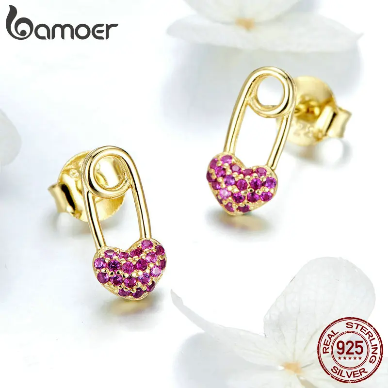 

BAMOER Hot Sale Genuine 925 Sterling Silver Love Stud Earrings Red Zircon Small Fashion Earrings Jewelry Gift GAE043