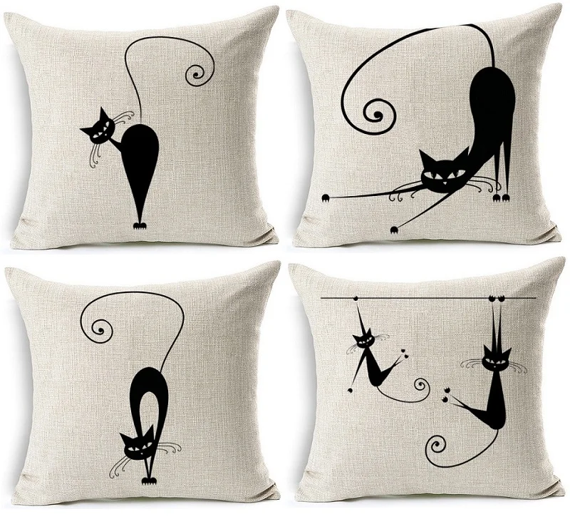 415 35 De Réductionvilains Chats Housses De Coussin Dessin Animé Mignon Animal Noir Chat Art Housse De Coussin Décoratif Beige Taie Doreiller En