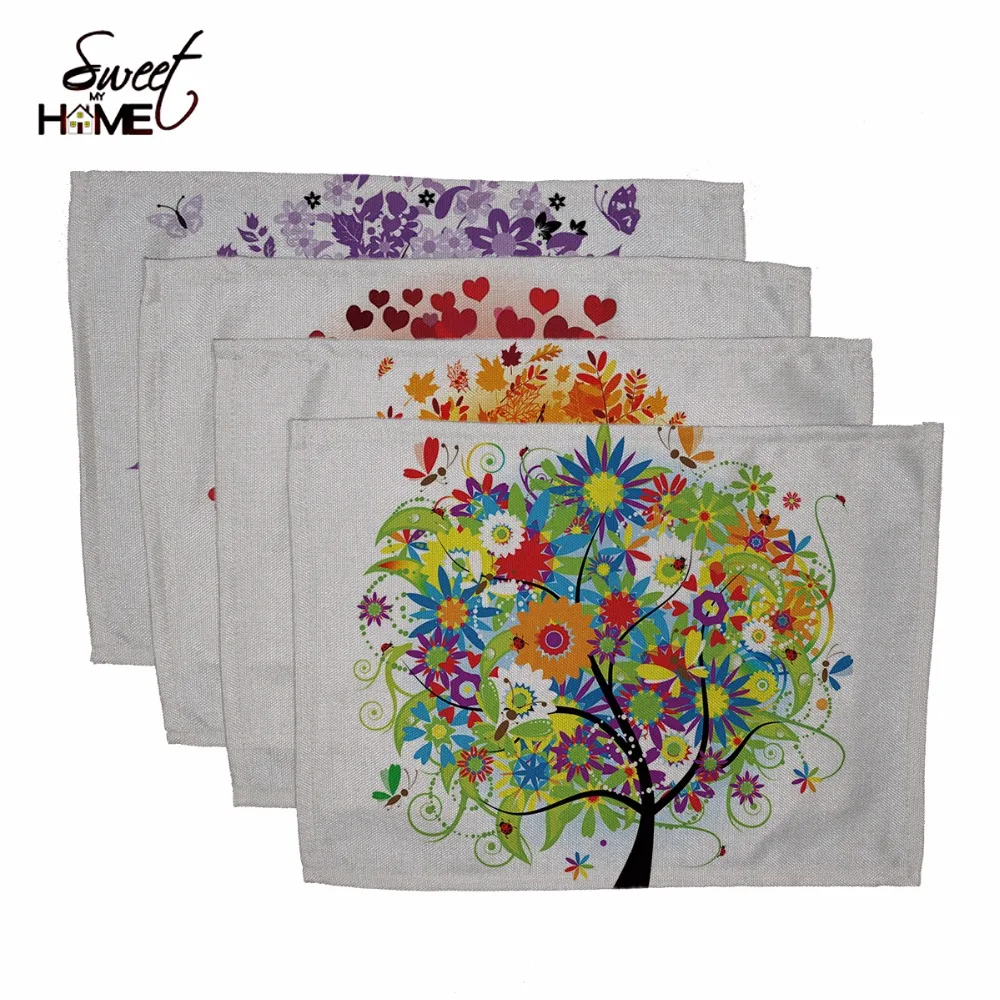 Cotton Linen Colorful Life Tree Drawing Table Dishware Place Mats For