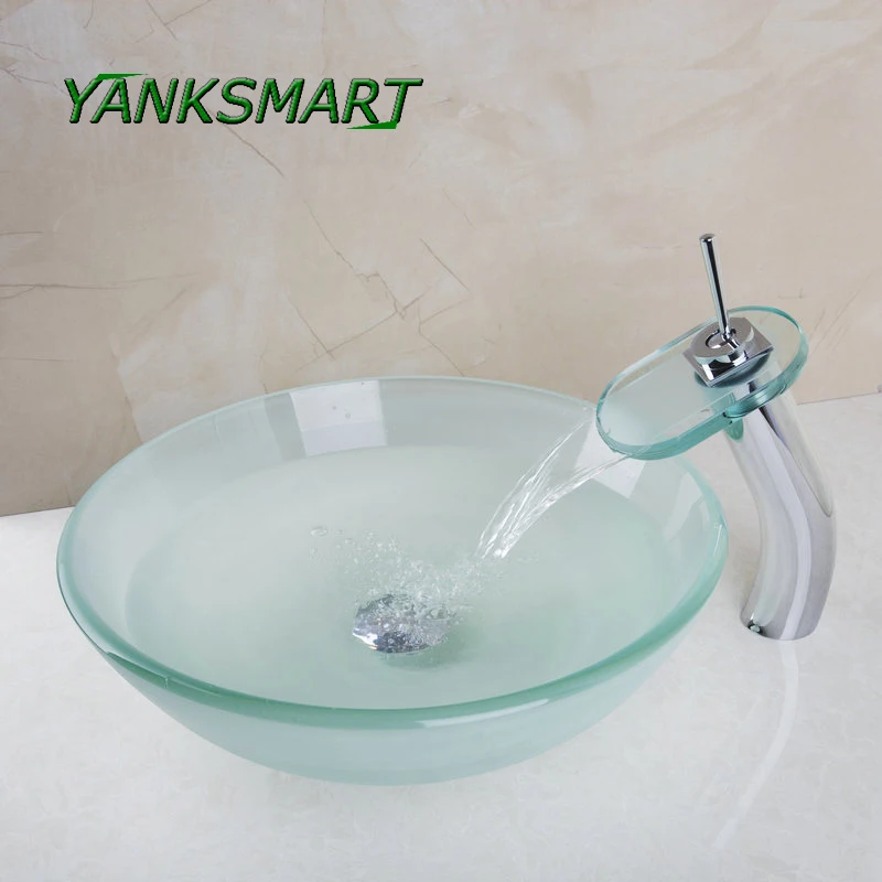 YANKSMART водопроводный кран для раковины+ раковина для ванной комнаты стеклянный Умывальник для раковины Набор Смеситель torneira