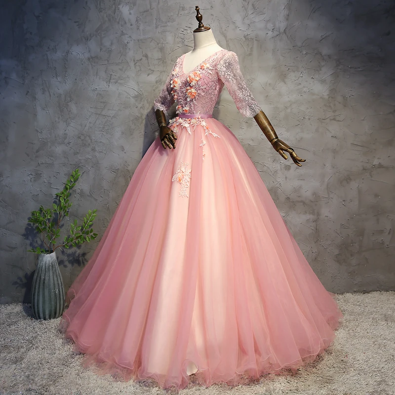 Розовое Бальное Платье кружевные платья для Quinceanera с длинным рукавом 15 милые