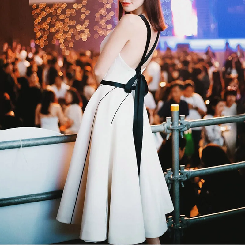 INDRESSME Women Dress Casual A Line Sexy Spaghetti Strap Backless Knee Length Bow Lady Party Dress Vestidos 2018