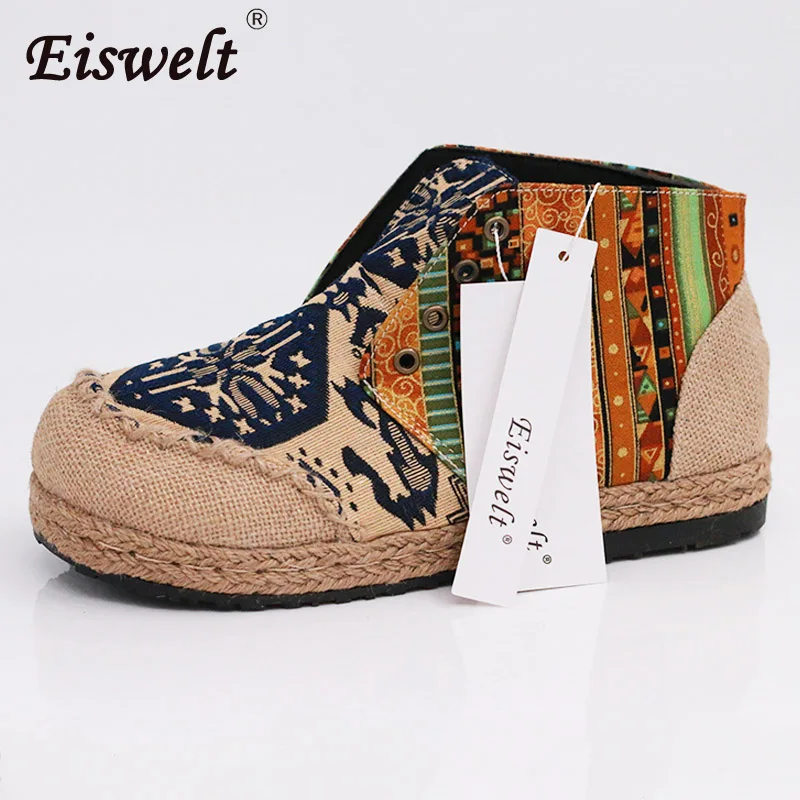 

EISWELT Spring and Autumn Lace-up Cotton Fabric Casual Flats Loafers Linen Hemp Round Toe Totem Embroidered Ethnic Style Fashion
