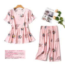 AEORZING/весенне-летние женские хлопковые пижамы с круглым вырезом, костюм с короткими рукавами, штаны с принтом, домашний костюм