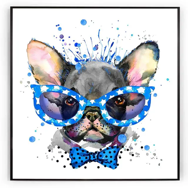 Dog With Glasses Watercolor Canvas Art Print Painting Poster Wall