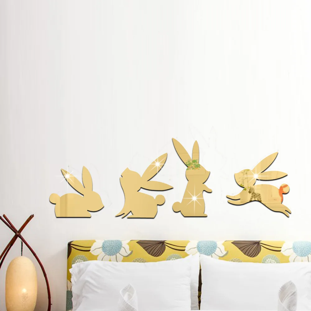 

4Pcs/lot Kawaii Rabbit Mirror Wall Sticker 3D Gold Silver Acrylic Wall Stickers for Kids Children Baby Rooms Home Decor Stickers