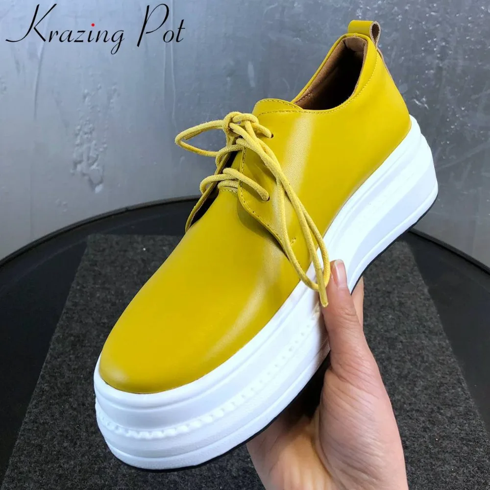 

Krazing Pot well-ventilated cow leather thick bottom flat platform lace up sneakers concise style round toe vulcanized shoes L94