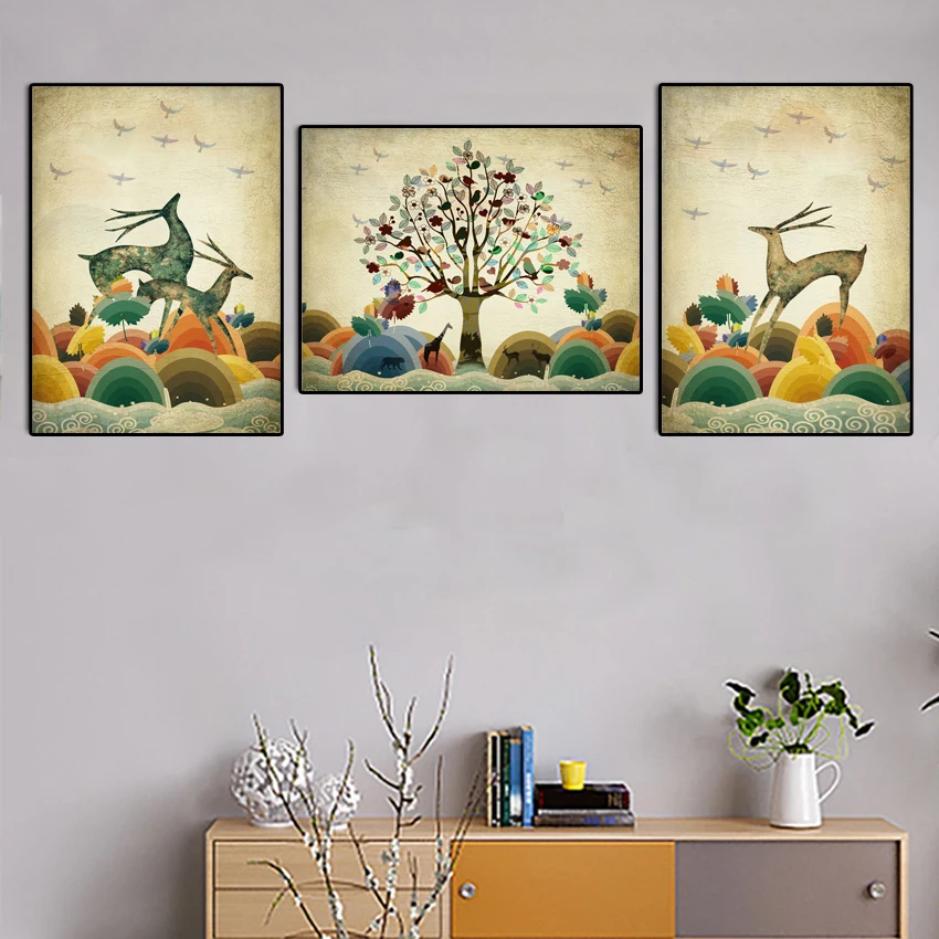

triptych waterproof spray paintings abstract animals deer posters and prints wall art pictures for kitchen home decoration PP392