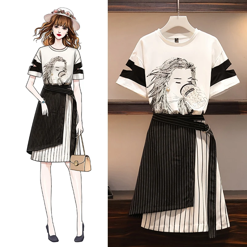

Random Women Summer top two piece set Casual Fashion T Shirt + Stripe Skirt Set Female Streetwear Fashion top and Skirt Set