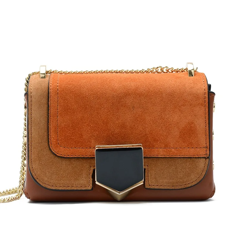

Suede Genuine Leather Flap Bag Ladies Fashion Solid Crossbody Bags Shield Hasp Chains Patchwork Women Shoulder Messenger Bags