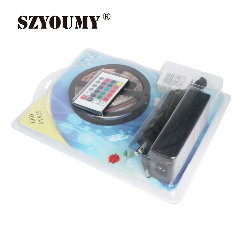 

SZYOUMY Blister Led Strip 5050 30leds/M 150leds 5m IP65 / IP20 +12V 3A Power + 24KEY Remote Controller Led Rope Christmas Lights