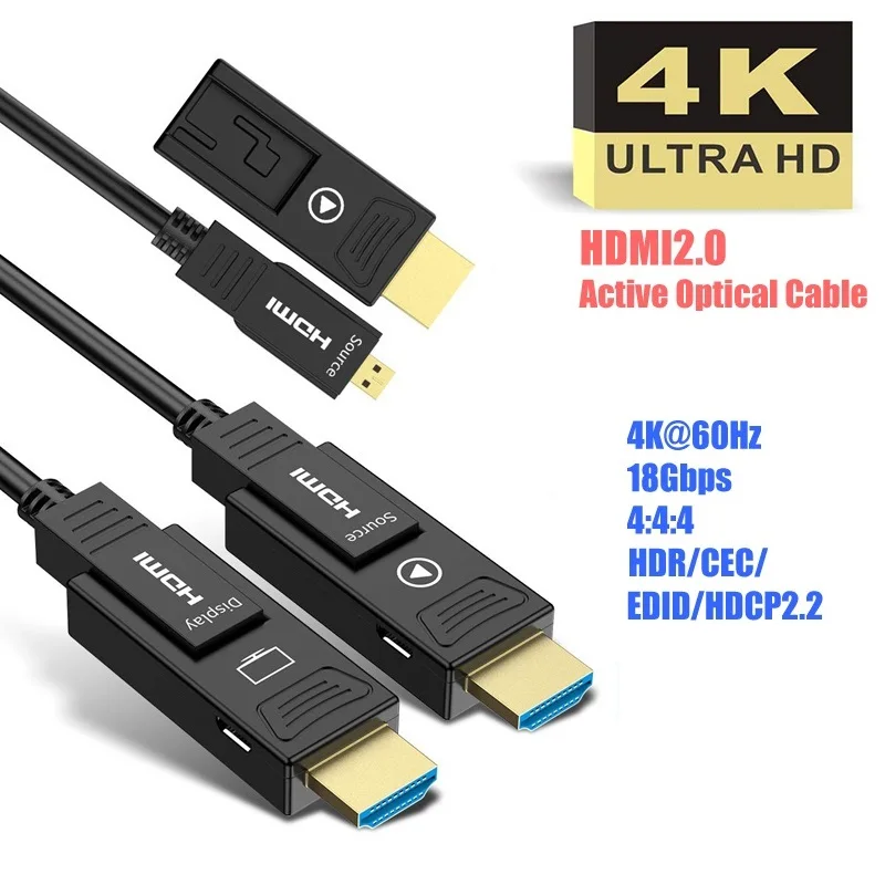 

Detachable HDMI2.0 Fiber Optical Cable, Micro HDMI Type D+Type A, 18Gbps 4K 60Hz HDCP2.2 3D HDMI 10m 15M 20m 30m 40m 50m 100m