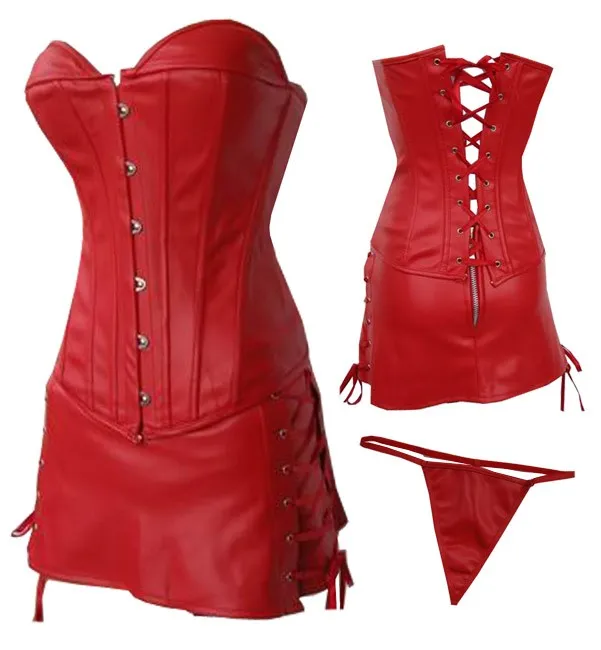 Черный/красный 3 шт модный роскошный кожаный корсет с юбкой сексуальное женское белье S-6XL