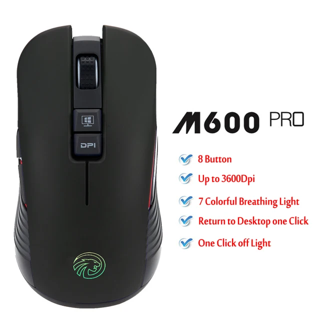 M600 Pro Rechargeable Wireless Gaming Mouse Optical LED 2.4GHz Computer Mouse with USB Receiver Silent Click 4 DPI 8 Buttons black