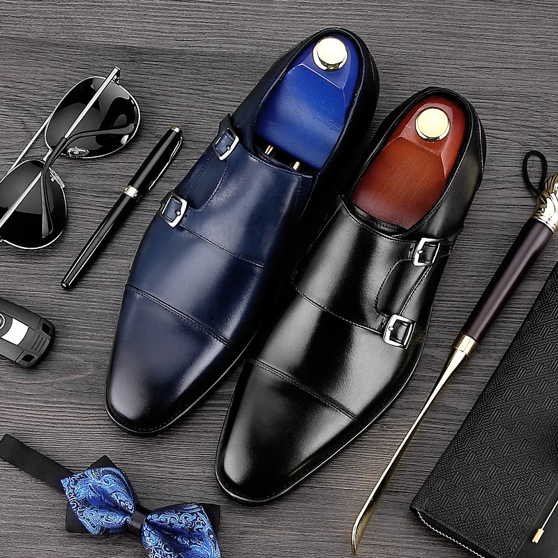 

RUIMOSI Vintage Man Formal Dress Monk Strap Shoes Male Genuine Leather Handmade Oxfords Pointed Toe Men's Bridal Flats MG49